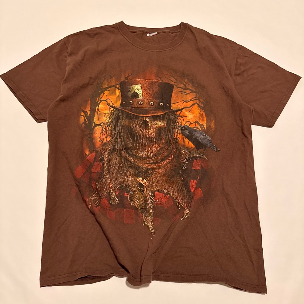 Fruit of the Loom Graphic T-Shirt Mens L Brown Horror Scarecrow Skull Raven Y2K
